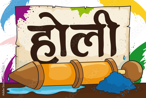 Scroll with Colorful Spots and Pichkari Toy ready for Holi, Vector Illustration