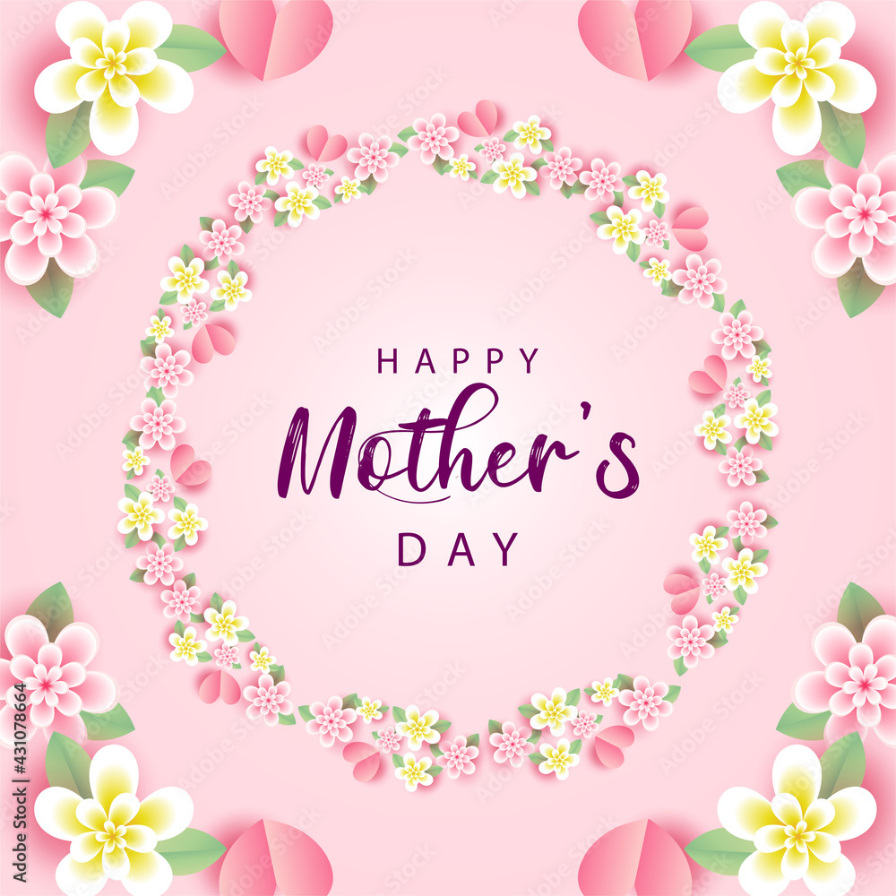 Happy Mothers Day greeting card poster vector with 3d realistic flowers and heart, Mother's Day wishes banner