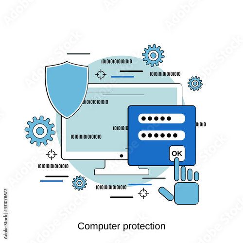 Computer protection, information security, access control flat design style vector concept illustration