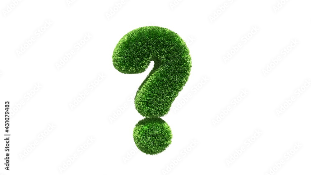 Question mark grass font isolated on white background. Concept of grassed question symbol. Metaphor for nature, conservation, organic, growth, environment, ecology. 3D rendering Question mark grass font isolated on white background. Concept of grassed question symbol. Metaphor for nature, conservation, organic, growth, environment, ecology. 3D rendering