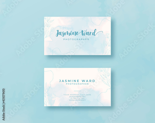 Business card template with beautiful blue watercolor background