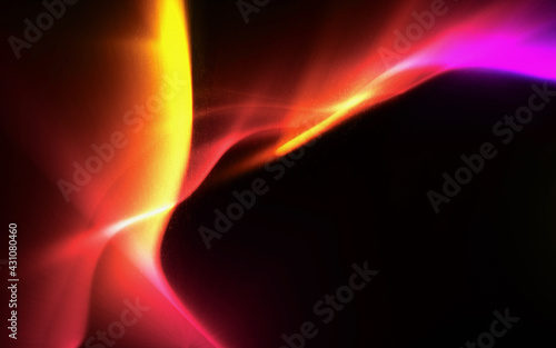 Abstract of colorful glowing and flowing dynamic movement curve neon orange and yellow bright light on dark black background