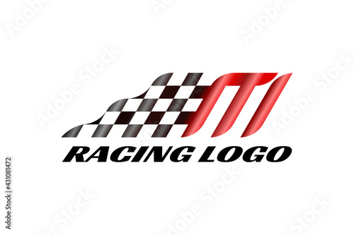 3D vector logo element with an illustration of a starting flag or a finishing flag in a racing competition forming initials "M". Usable for racing logos, athletics, chess and general sports logos.