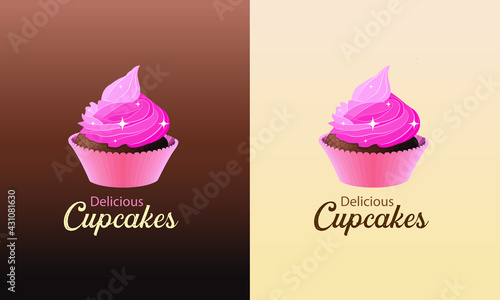 cupcake vector illustration with shining stars on different gradient backgrounds. cupcake clip art colorful icon. flat modern luxury professional logo design for business