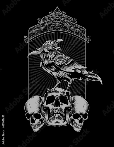 illustration vector crow bird with skull retro style