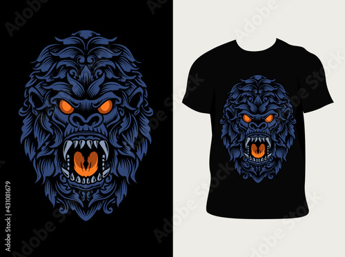 illustration vector gorilla head with vintage ornament style