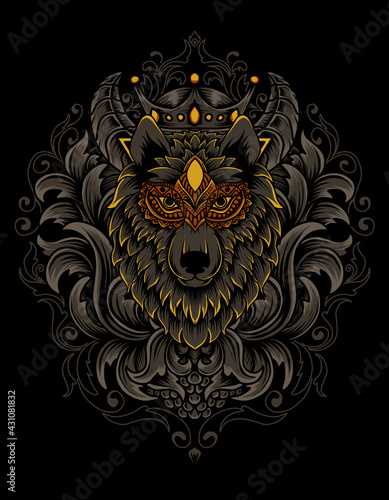 Illustration vector wolf head with vintage engraving ornament on black background