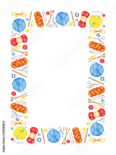 Watercolor frame for knitting with tools: knitting needles, crochet, stitch markers, safety pins, scissors, yarn, button, thimble. Creativity, handicrafts, design. Isolated over white background. 