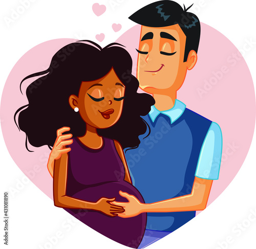 Interracial Couple Expecting a Baby Vector Illustration