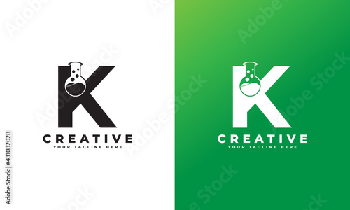 Letter K with Abstract lab logo. Usable for Business, Science, Healthcare, Medical, Laboratory, Chemical and Nature Logos.