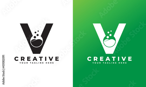 Letter V with Abstract lab logo. Usable for Business, Science, Healthcare, Medical, Laboratory, Chemical and Nature Logos.