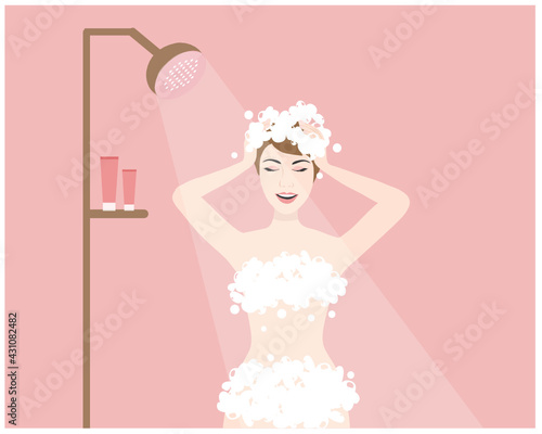 Woman taking shower and wash her hair in bathroom vector illustration. Beauty care and daily hygiene concept