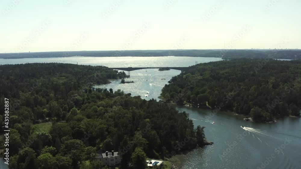 Aerial view of summer in the archipelago community Gustavsberg outside Stockholm. 20-07-28. High quality 4k footage Aerial view of summer in the archipelago community Gustavsberg outside Stockholm. 20-07-28. High quality 4k footage