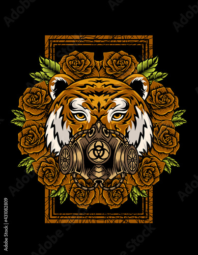 illustration tiger mask with rose flower
