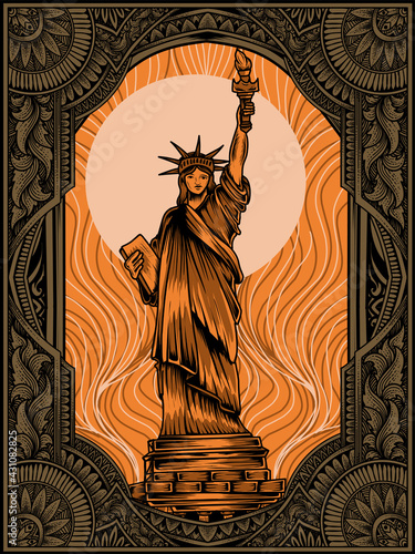 illustration vector liberty statue on vintage engraving ornament