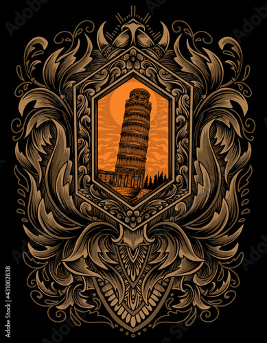illustration vector pisa tower with vintage engraving ornament