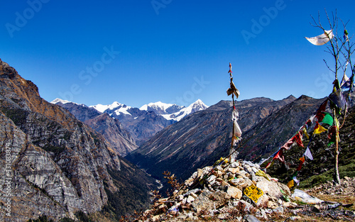 landscape in the mountains with prayer flags 
