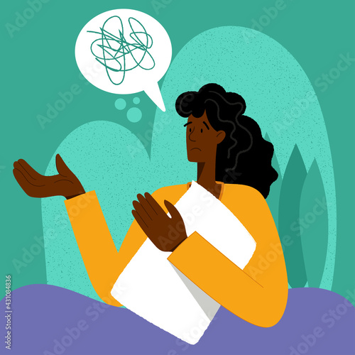 Insomnia. A black woman cannot sleep. Female character suffers from insomnia. Sleep disorder, sleeplessness concept.