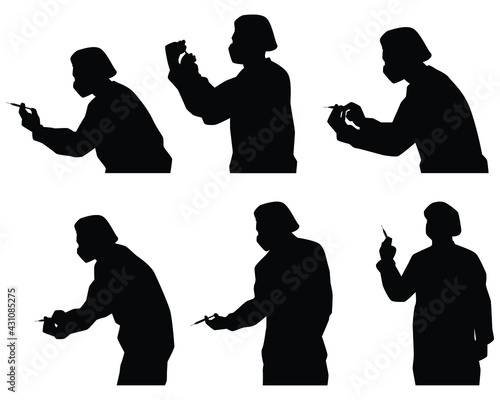 Set of doctor in PPE suit with vaccine injection needle silhouette on white background, person medical and healthy concept.