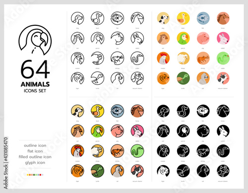 64 animals icons set vector design in filled, thin line, outline and flat style.