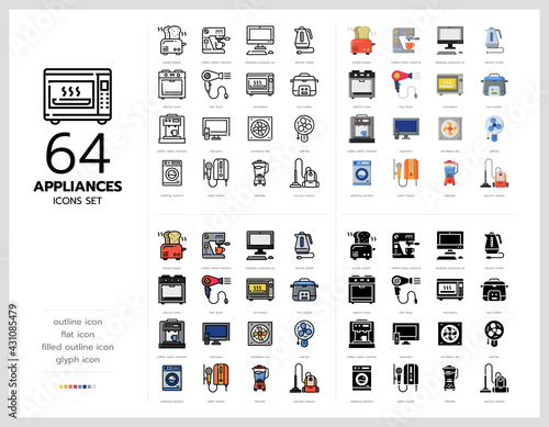64 appliances icons set vector design in filled, thin line, outline and flat style.
