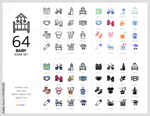 64 baby icons set vector design in filled, thin line, outline and flat style.