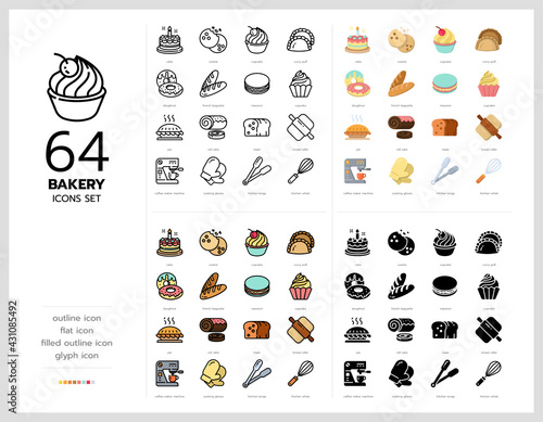 64 bakery icons set vector design in filled, thin line, outline and flat style.