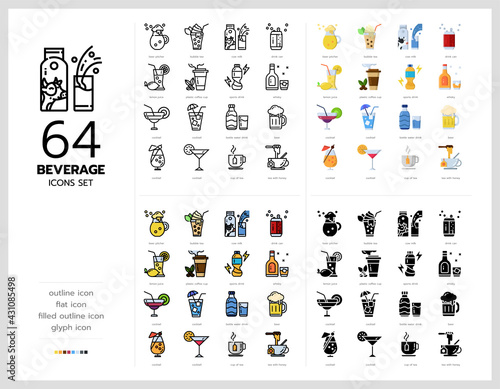 64 beverage icons set vector design in filled, thin line, outline and flat style.