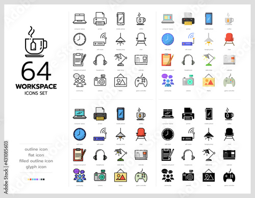 64 workspace icons set vector design in filled, thin line, outline and flat style.