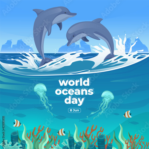World oceans day 8 June. Save our ocean. Dolphin and fish were swimming underwater with beautiful coral and seaweed background vector illustration. 