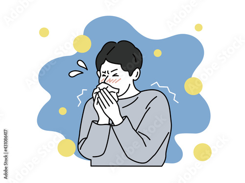 風邪を引いた男性のイラスト(花粉症、くしゃみ、咳、鼻水、悪寒、熱、病気、倦怠感、疲れ、体調不良、健康、アレルギー) cold - fever, cough, sore throat, snot, chills, dizziness. Collection of sick or ill men and women. Flat vector illustration.