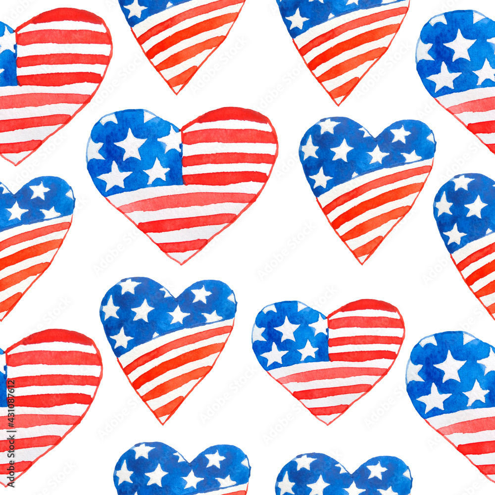 Watercolor seamless hand drawn pattern for US Independence day 4th fourth of July patriotic background hearts love print. Red blue white colors stripes stars design, celebration summer party.