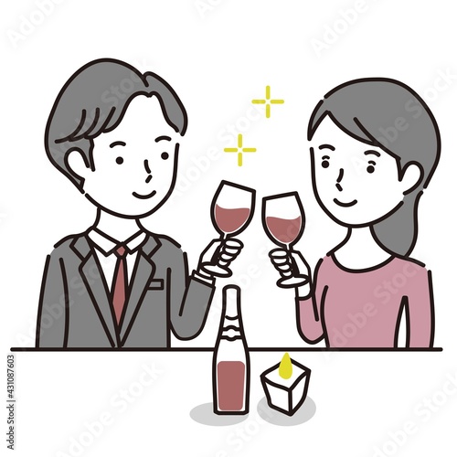 赤ワインで乾杯し記念日のお祝いをするカップルのイラスト素材