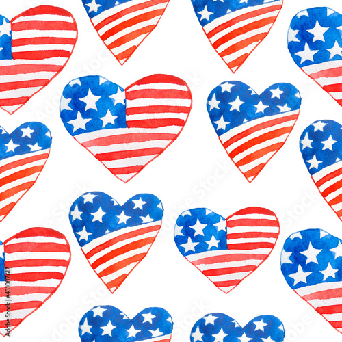 Watercolor seamless hand drawn pattern for US Independence day 4th fourth of July patriotic background hearts love print. Red blue white colors stripes stars design  celebration summer party.