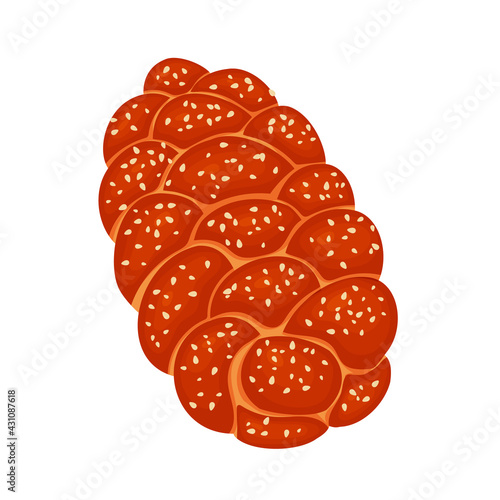Challah with sesame seeds is the national Jewish food. White bread. Vector illustration isolated on white background.