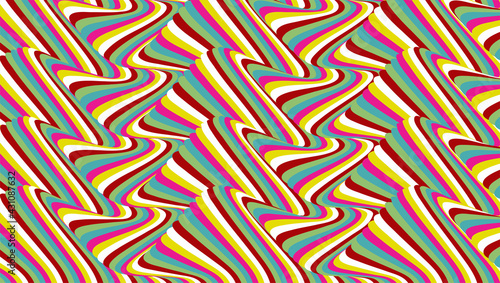 Psychedelic abstract pattern. Optical illusion from narrow colorful lines. Vector background.