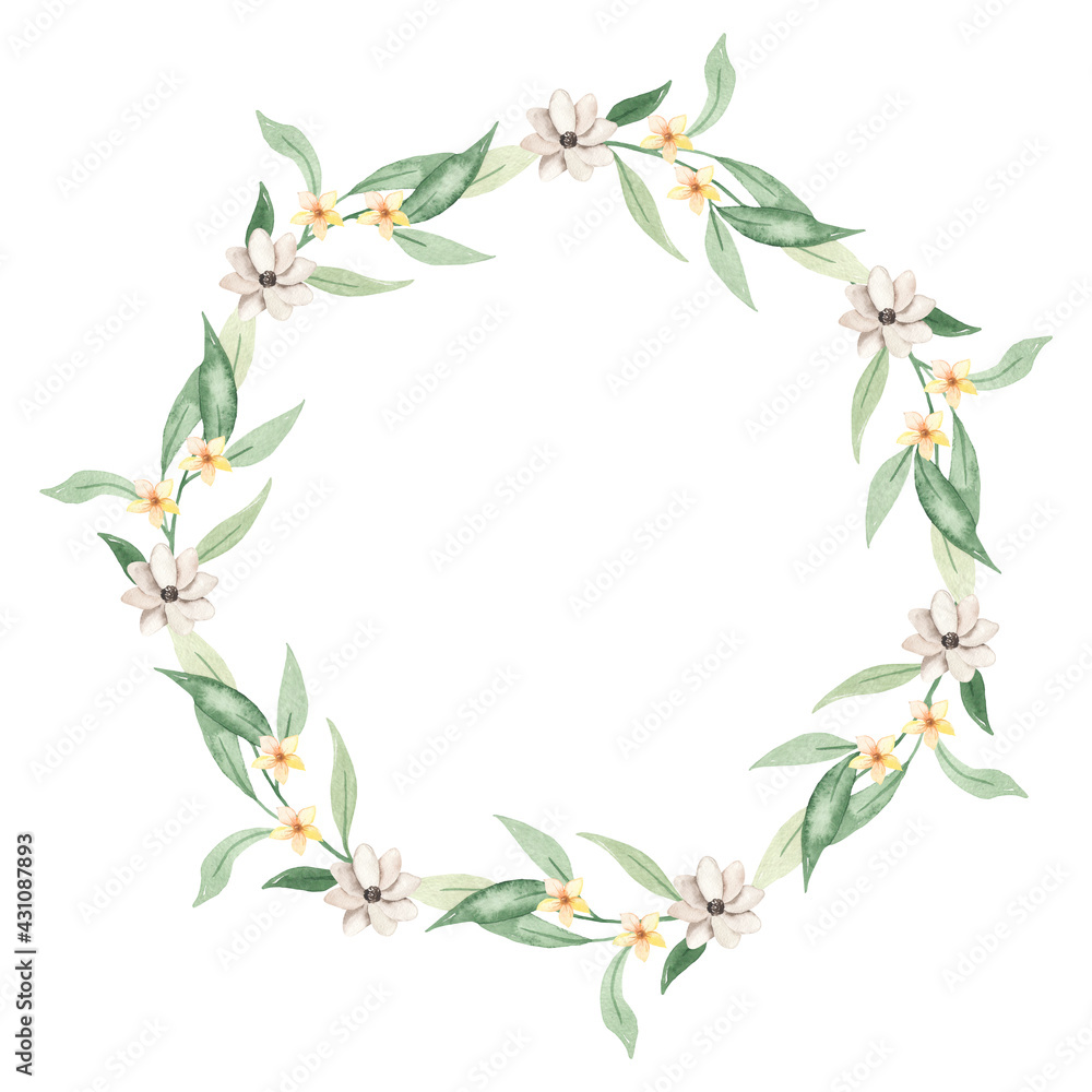 Watercolor wreath with leaves, branches, flowers, small flowers