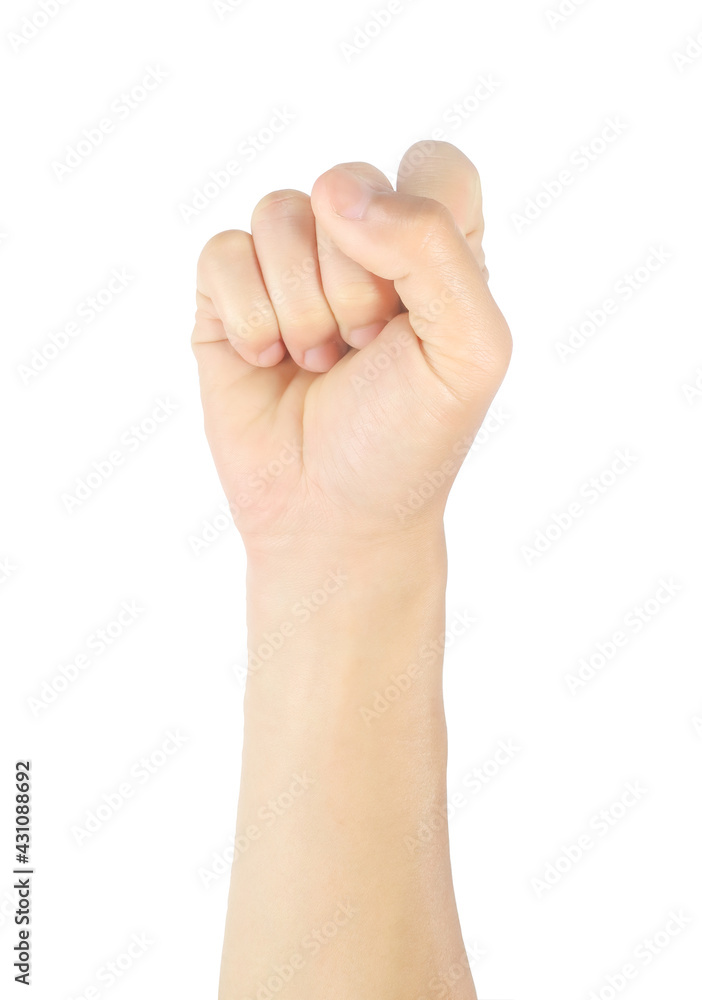 Close up men hand sign raise your hand, raise your fist Gestures and symbols Isolated on white background with clipping path. Close up men hand sign raise your hand, raise your fist Gestures and symbols Isolated on white background with clipping path.