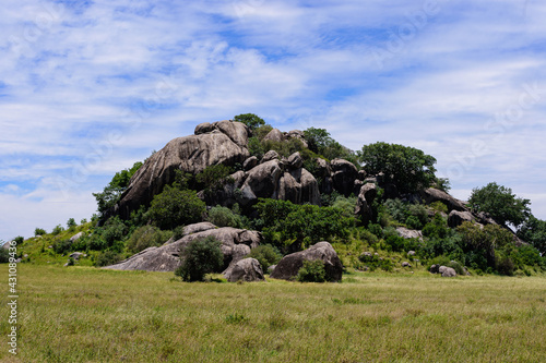 Simba Rocks in Tanzania, Serengeti. Rocky Landscape with blue sky.