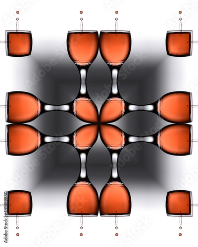 Kaleidoscopic pattern of a wine glass and cherry juice drop splash 