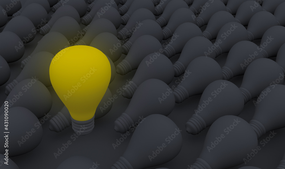 Obraz premium a yellow light bulb on a background of gray light bulbs.3 d render.idea