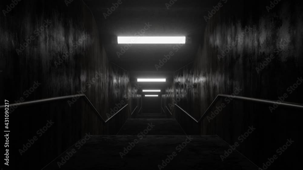 Creepy Abandoned Dark Tunnel Corridor Flickering Fluorescent Lights - 4K Seamless VJ Loop Motion Background Animation