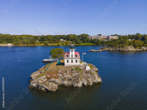 Aerial view of Pomham Rocks Lighthouse on Providence River near Narragansett Bay in East Providence, Rhode Island RI, USA.  photo