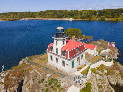 Aerial view of Pomham Rocks Lighthouse on Providence River near Narragansett Bay in East Providence, Rhode Island RI, USA. 
