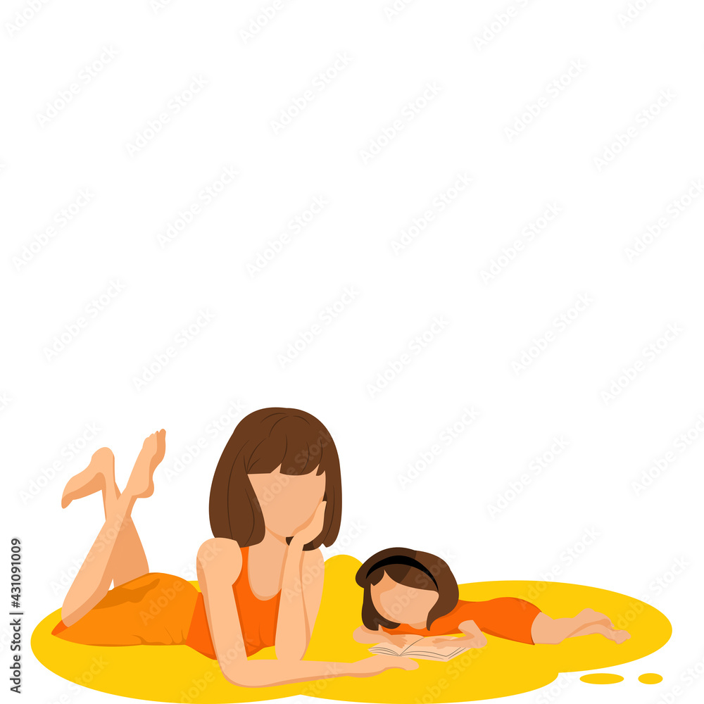 Cartoon no face young mother Lie down and raise her legs to teaching  her daughter to read a book.Mum and baby are reading book together on white background.Vector isolate flat design for Mother’s Day