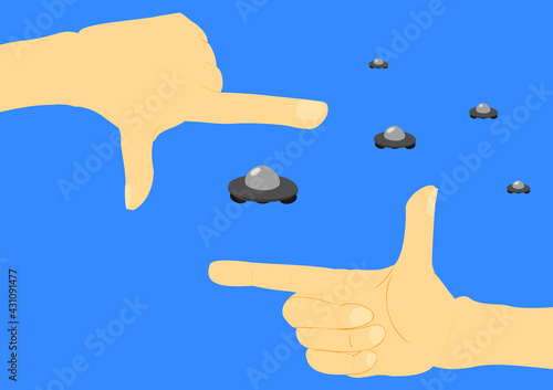 空を飛ぶUFOを手のフレームで捉えたイラスト