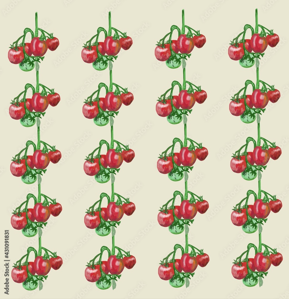 Red ripe tomatoes on bush hand drown pattern Red ripe tomatoes on bush hand drown pattern
