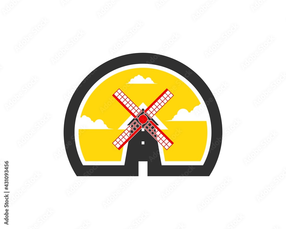 Circle half shape with wind mill in the farm field and sunset Circle half shape with wind mill in the farm field and sunset