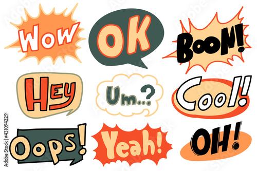 Speech Bubble, Interjection words Set in retro vintage color scheme. Easy to use with layers vector. Freehand drawing illustration for decoration any Graphic Design.