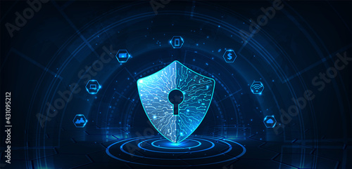 Protection from hacker and virus attack. Security shield icon digital display over on dark blue background.Technology for online data access defense against hacker and virus.Internet security concept.